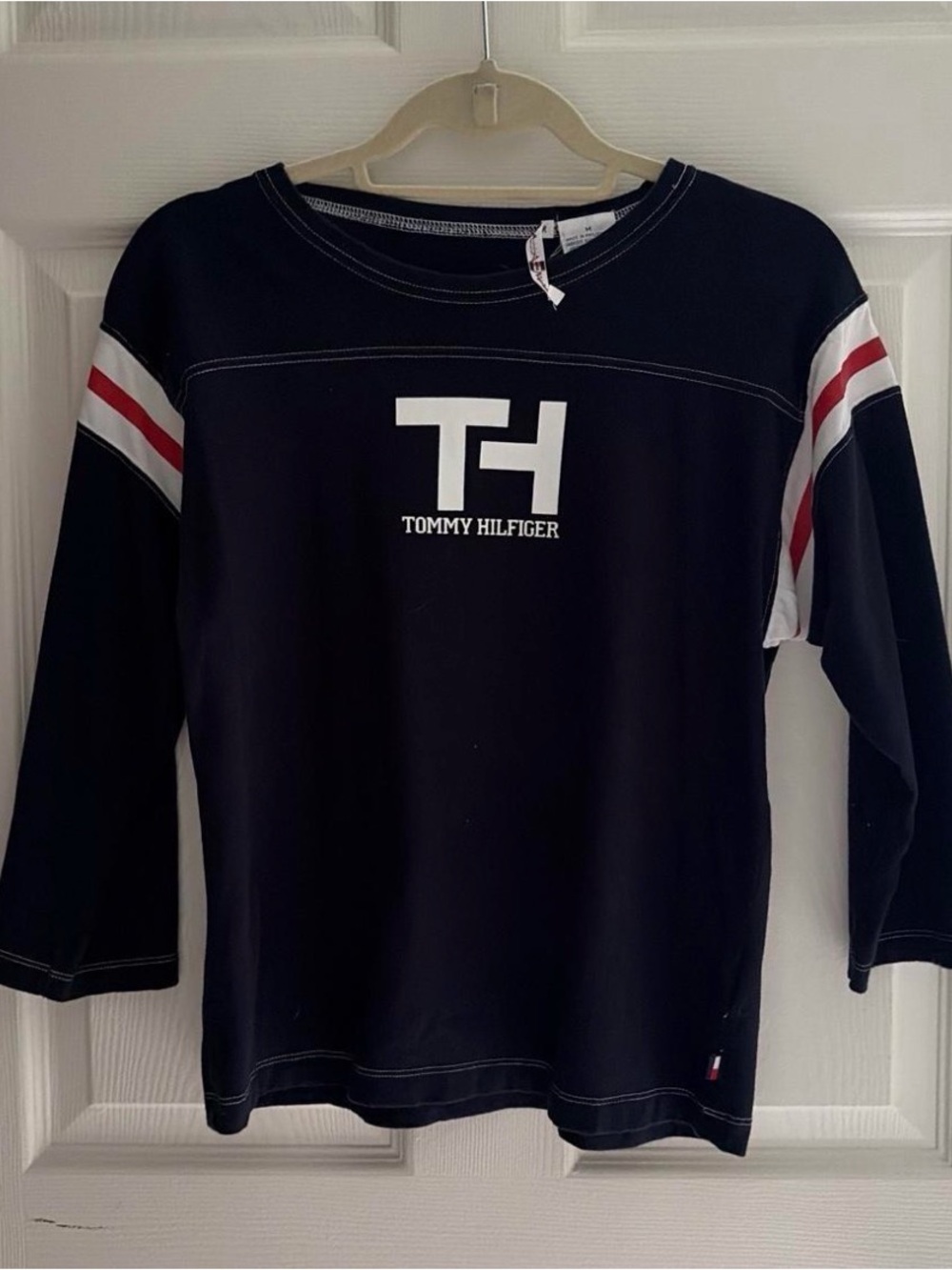 Tommy Hilfiger Black Long-Sleeve Elbow Tee with Red & White Shoulder Stripes